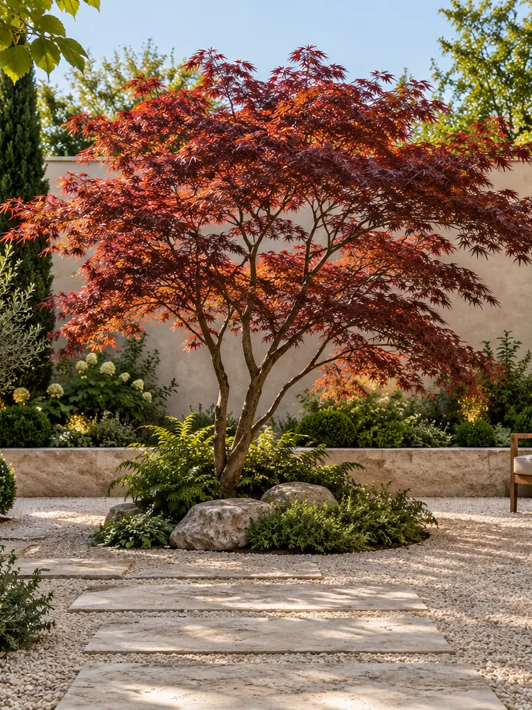 A walled courtyard with a single red Japanese maple over pale gravel, stepping stones and two armchairs.