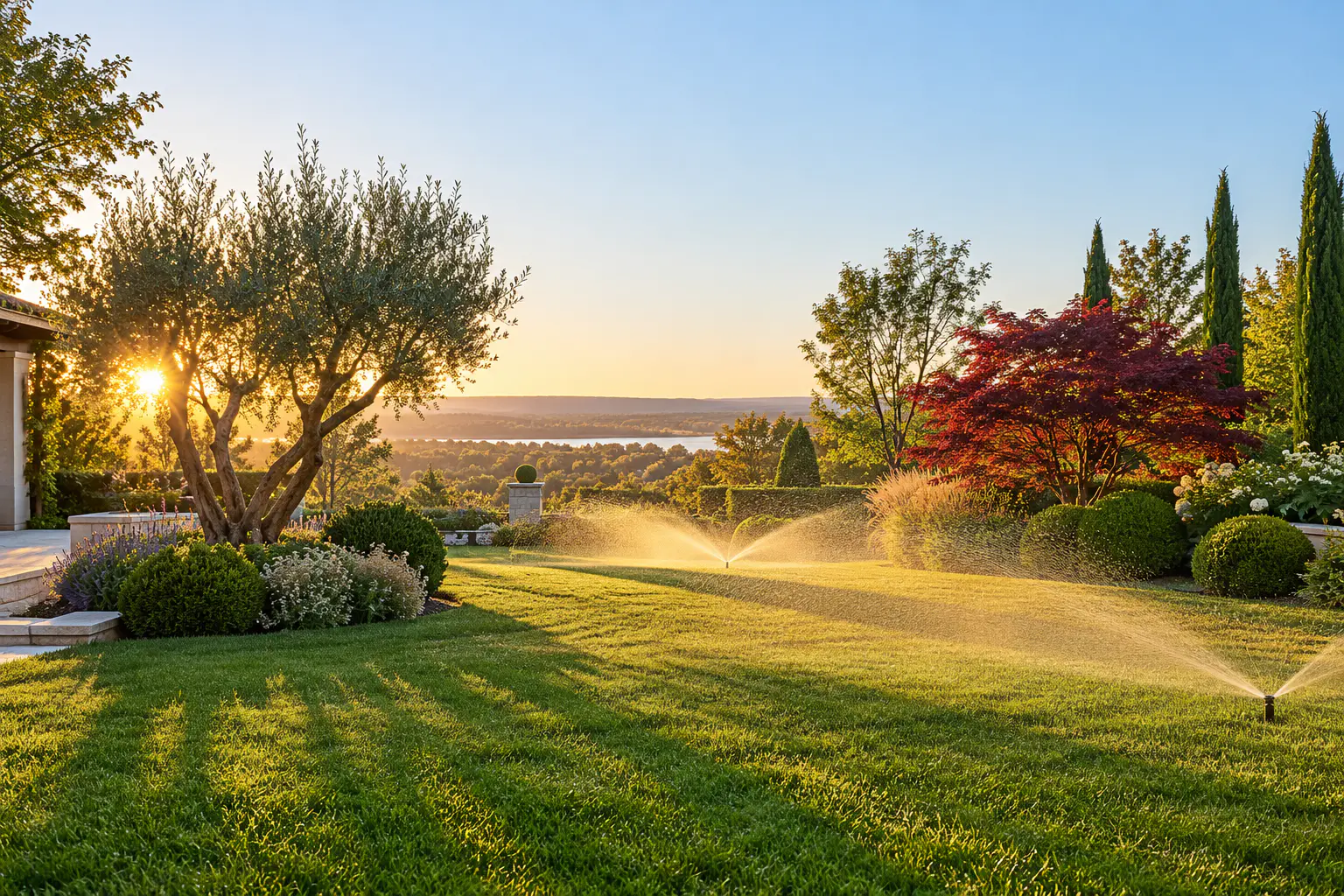 A lawn with an olive tree and a Japanese maple being watered by fine sprinklers at sunrise.